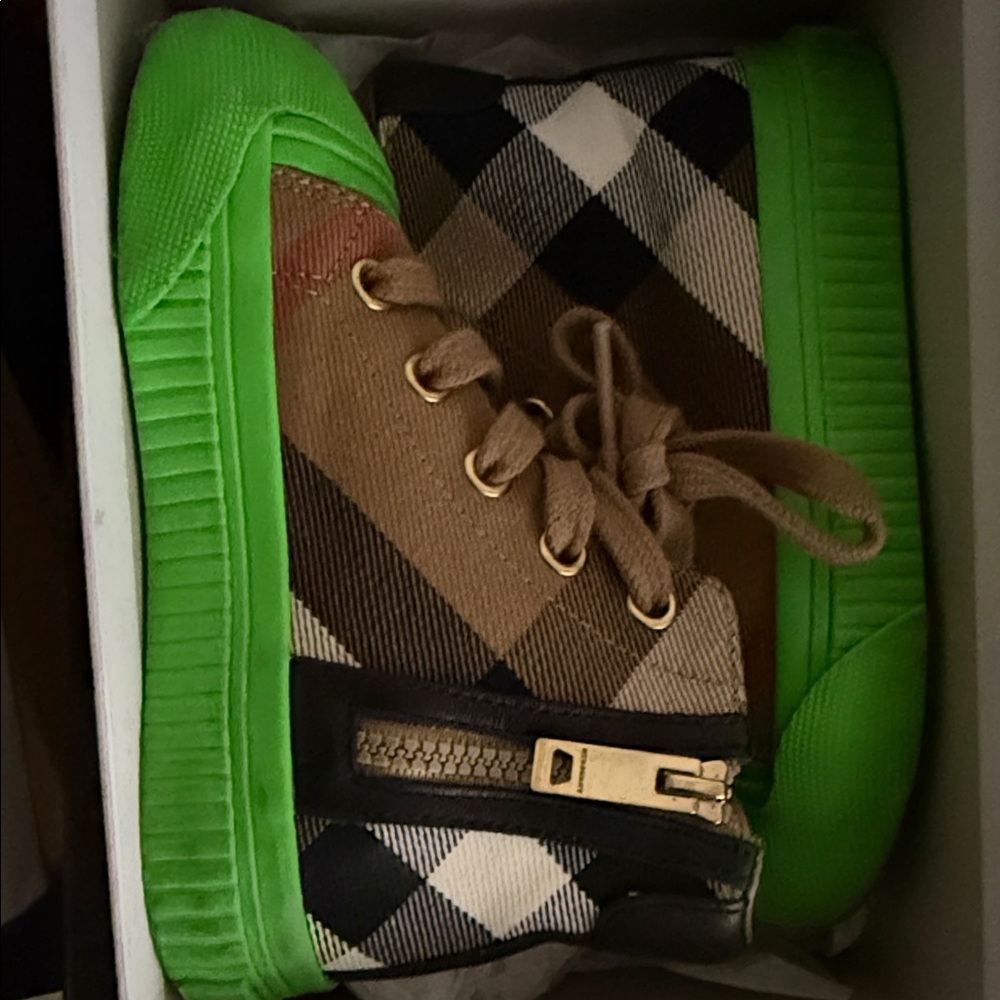 Plaid High-Top Sneakers with Neon Green Accents